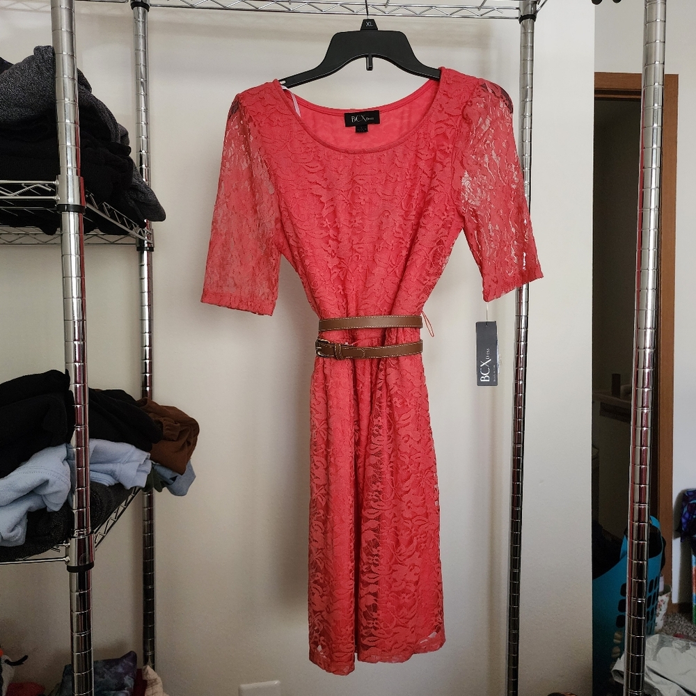 Coral Lace Dress with Belt